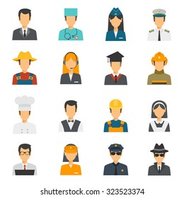 Flat avatar profession set with stewardess labor worker police officer isolated vector illustration