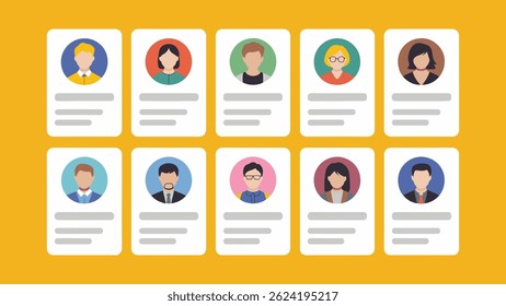 Flat Avatar Profile Icons Set - Ícones coloridos do usuário com texto para os perfis da equipe, currículos.