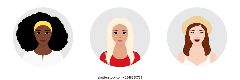 Flat avatar set of a international Girl. Different women characters collection. Vector stock illustration isolated on transparent background. 