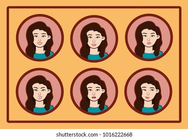 Flat Avatar set women's emotions with round frame. Vector isolated illustration.