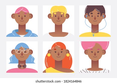 Flat avatars collection with lovely young characters with various hairstyle and clothes. Indian youth people smiling