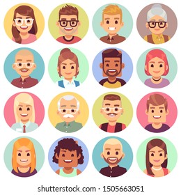 Flat avatars. Different portraits of men and women diverse ages. Professional team faces. Office workers cartoon vector person characters for web social app profile