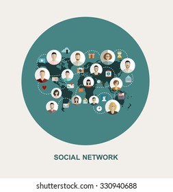 Flat avatars of men and women using social media on world map. Global social network abstract scheme.