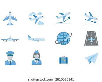 Flat aviation icon collection featuring airplane, airport runway, takeoff, landing, pilot, flight attendant, luggage, globe travel and paper airplane isolated on white background