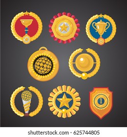 Flat awards collection. Set of trophies, emblems, medals and cups. Cartoon style.