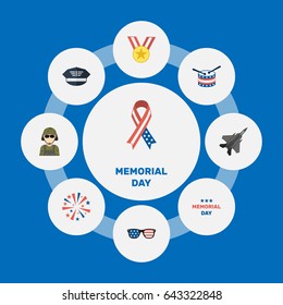 Flat Awareness, Aircraft, Military Man And Other Vector Elements. Set Of Memorial Flat Symbols Also Includes Instrument, Hat, Day Objects.