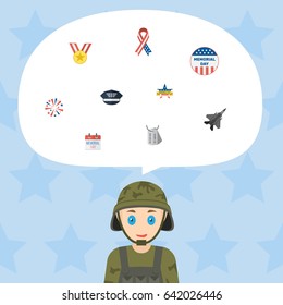 Flat Awareness, Firecracker, Medallion And Other Vector Elements. Set Of History Flat Symbols Also Includes Fighter, Medallion, Firecracker Objects.