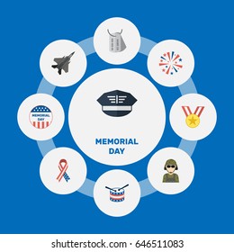 Flat Awareness, Hat, Musical Instrument And Other Vector Elements. Set Of Memorial Flat Symbols Also Includes Sparklers, Fighter, Usa Objects.