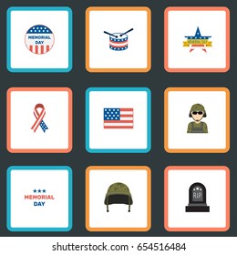 Flat Awareness, Memorial Day, American Banner And Other Vector Elements. Set Of Memorial Flat Symbols Also Includes Headgear, Drum, Banner Objects.