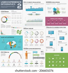 Flat awesome user experience infographic vector element set. Use them for any case. Print, web design, infographics, mobile design, annual reports, graphs and bars. 