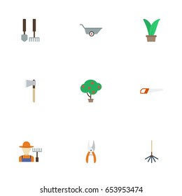 Flat Axe, Pruner, Grower And Other Vector Elements. Set Of Agriculture Flat Symbols Also Includes Car, Berries, Gardener Objects.