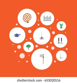 Flat Axe, Watering Can, Garden Hose And Other Vector Elements. Set Of Gardening Flat Symbols Also Includes Watering, Hedge, Harrow Objects.