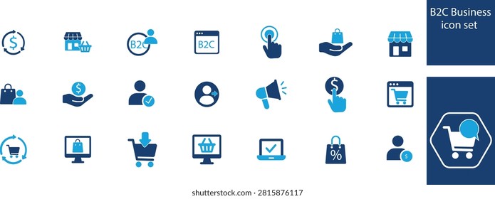Flat B2C business icon set collection with shopping, consumer transactions, marketing, storefronts, coins, bags, commerce, blue vector illustration