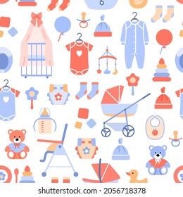 Flaches Baby-Hintergrund nahtloses Muster. Babydusche Papierdekoration. Pastellfarbene Kulisse für die Feierlichkeiten, Stoffverzierungen, Scrapie. Neugeborene Textil-Element Design Vektorgrafik.