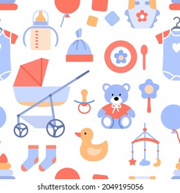 Flat baby background. Baby shower decoration seamless pattern. Pastel wallpaper for celebration print, wrapping paper fabric tile ornament, scrapbook. Newborn repeat element design vector illustration