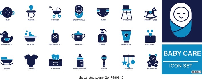 Ícones de cuidados do bebê plano 21 Conjunto de vetor para recém-nascido, alimentação, fralda, higiene