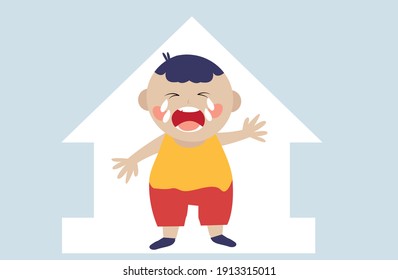 Flat baby character crying at home. Boy upset needs his parents. Divorce effects on children. Angry infant screaming. children. Bad negative parenting and mental health concept. Vector illustration.	