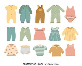 Flat baby clothes. Infant dress, cozy kid stylish coat and apparel clipart. Wear for child, childish jacket, newborn cute classy bodysuit vector set