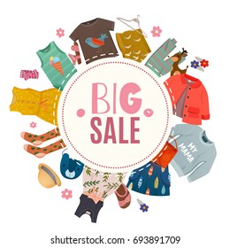 Flat baby girl fashion frame with laid out in a circle childs cloths with big sale headline vector illustration