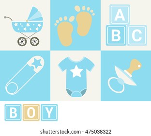 Flat baby icons set.  Vector illustration. Baby collection:baby footsteps, baby carriage, baby nipple, baby bodies and cubes with letters.