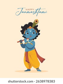 Flat Baby Krishna Cartoon Vector With Flute