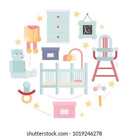 flat baby room circle concept vector illustration with high baby chair. beanbag and nipple
