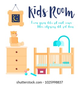 Flat baby room concept vector illustration with kids furniture and text place