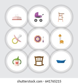 Flat Baby Set Of Child Chair, Toy, Bathtub And Other Vector Objects. Also Includes Bathtub, Napkin, Bed Elements.