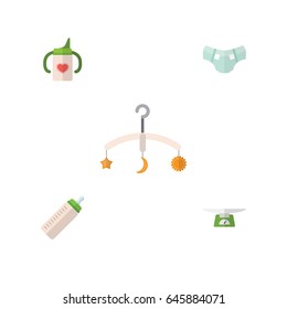 Flat Baby Set Of Feeder, Nappy, Mobile And Other Vector Objects. Also Includes Crib, Nursing, Bottle Elements.