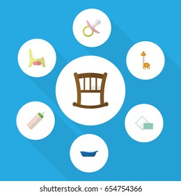 Flat Baby Set Of Feeder, Nipple, Infant Cot And Other Vector Objects. Also Includes Napkin, Toy, Pacifier Elements.