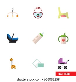 Flat Baby Set Of Feeder, Toilet, Mobile And Other Vector Objects. Also Includes Pram, Potty, Toy Elements.