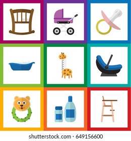 Flat Baby Set Of Infant Cot, Stroller, Nipple And Other Vector Objects. Also Includes Children, Chair, Stool Elements.