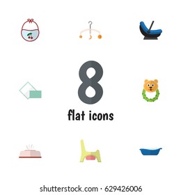Flat Baby Set Of Mobile, Bathtub, Pinafore And Other Vector Objects. Also Includes Box, Mobile, Child Elements.