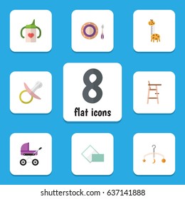 Flat Baby Set Of Mobile, Napkin, Child Chair And Other Vector Objects. Also Includes Bottle, Pacifier, Stool Elements.