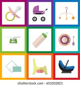 Flat Baby Set Of Mobile, Stroller, Pram And Other Vector Objects. Also Includes Stroller, Child, Toilet Elements.