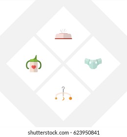Flat Baby Set Of Nappy, Mobile, Tissue And Other Vector Objects. Also Includes Diaper, Nappy, Nursing Elements.