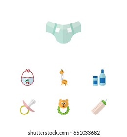 Flat Baby Set Of Nappy, Rattle, Toy And Other Vector Objects. Also Includes Feeder, Bib, Cream Elements.