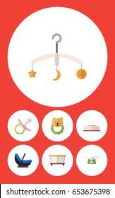 Flat Baby Set Of Nipple, Mobile, Tissue And Other Vector Objects. Also Includes Pram, Beanbag, Playpen Elements.