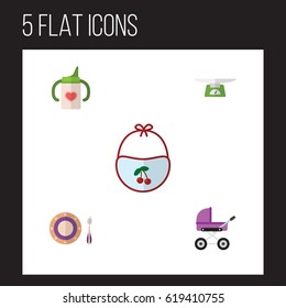 Flat Baby Set Of Nursing Bottle, Baby Plate, Children Scales And Other Vector Objects. Also Includes Pinafore, Scales, Plate Elements.