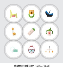 Flat Baby Set Of Nursing Bottle, Rattle, Napkin And Other Vector Objects. Also Includes Feeder, Bib, Pinafore Elements.