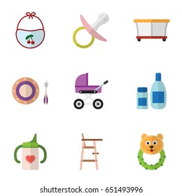 Flat Baby Set Of Pinafore, Baby Plate, Cream With Lotion And Other Vector Objects. Also Includes Beanbag, Bear, Lotion Elements.