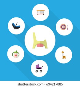 Flat Baby Set Of Playground, Stroller, Baby Plate And Other Vector Objects. Also Includes Baby, Playpen, Cradle Elements.
