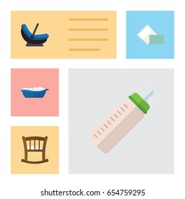 Flat Baby Set Of Pram, Infant Cot, Napkin And Other Vector Objects. Also Includes Tissue, Baby, Children Elements.