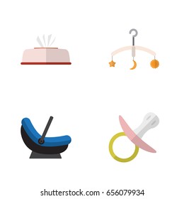 Flat Baby Set Of Pram, Mobile, Tissue And Other Vector Objects. Also Includes Mobile, Crib, Tissue Elements.