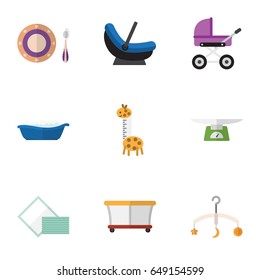 Flat Baby Set Of Pram, Napkin, Baby Plate And Other Vector Objects. Also Includes Stroller, Mobile, Children Elements.