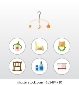 Flat Baby Set Of Rattle, Infant Cot, Toilet And Other Vector Objects. Also Includes Playground, Mobile, Rattle Elements.