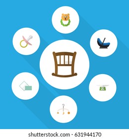 Flat Baby Set Of Rattle, Mobile, Napkin And Other Vector Objects. Also Includes Towel, Cradle, Baby Elements.