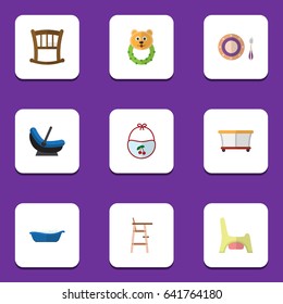 Flat Baby Set Of Rattle, Playground, Infant Cot And Other Vector Objects. Also Includes Plate, Cradle, Pinafore Elements.