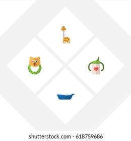 Flat Baby Set Of Rattle, Toy, Nursing Bottle And Other Vector Objects. Also Includes Bathing, Baby, Bottle Elements.