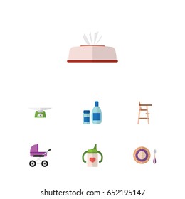 Flat Baby Set Of Stroller, Children Scales, Cream With Lotion And Other Vector Objects. Also Includes Chair, Child, Cosmetics Elements.